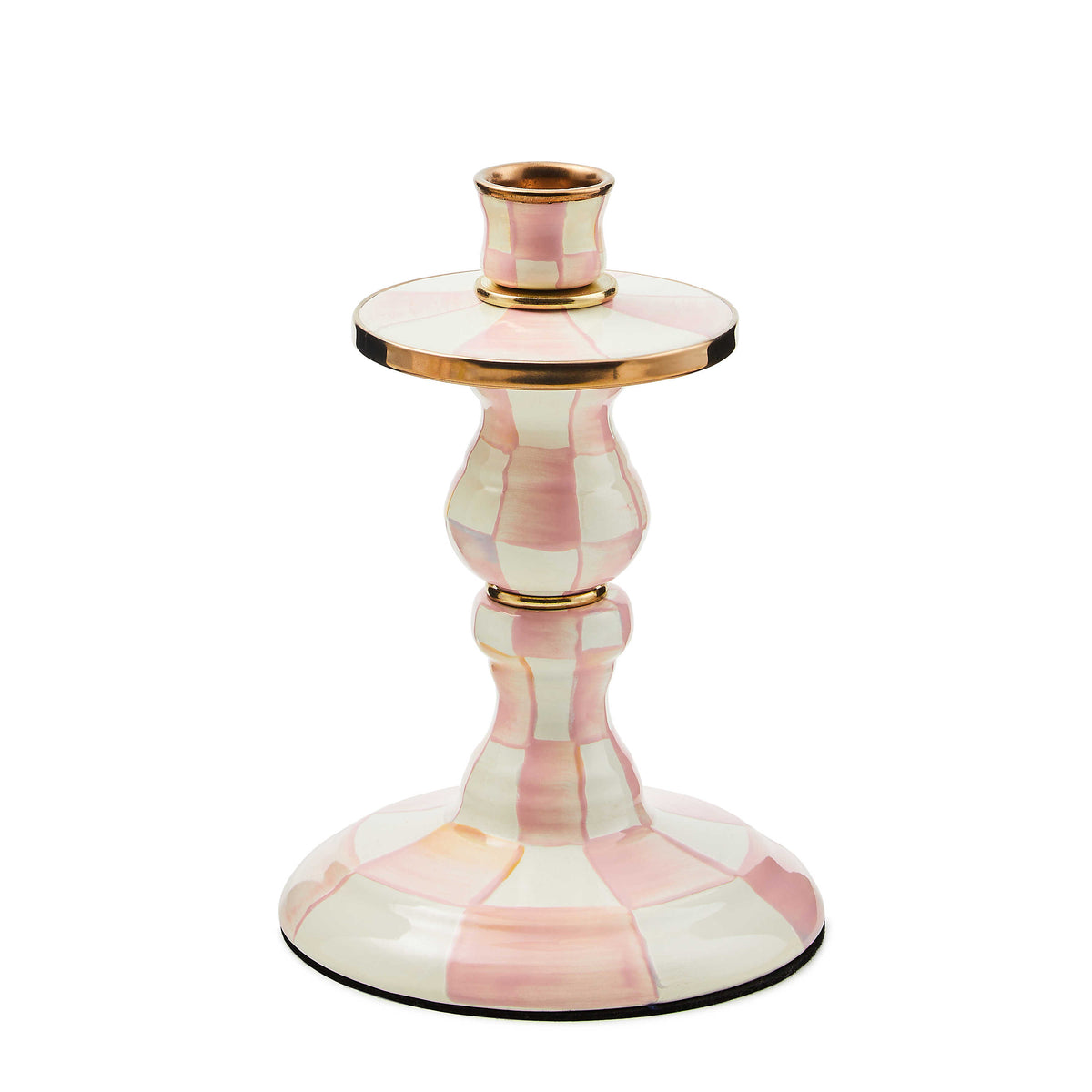 Hand-painted pink and white checkered candlestick with brass accents and a bronzed rim.