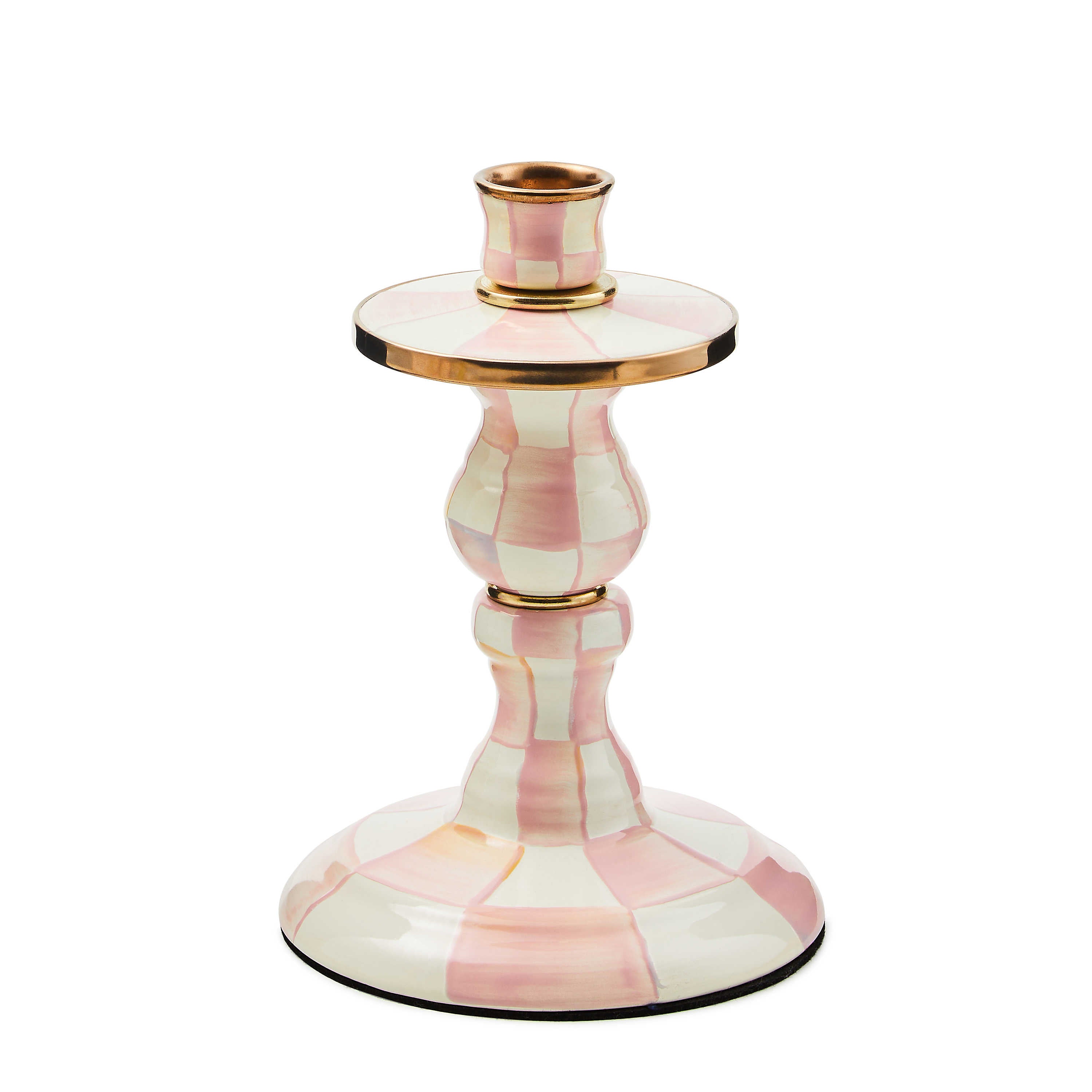 Hand-painted pink and white checkered candlestick with brass accents and a bronzed rim.
