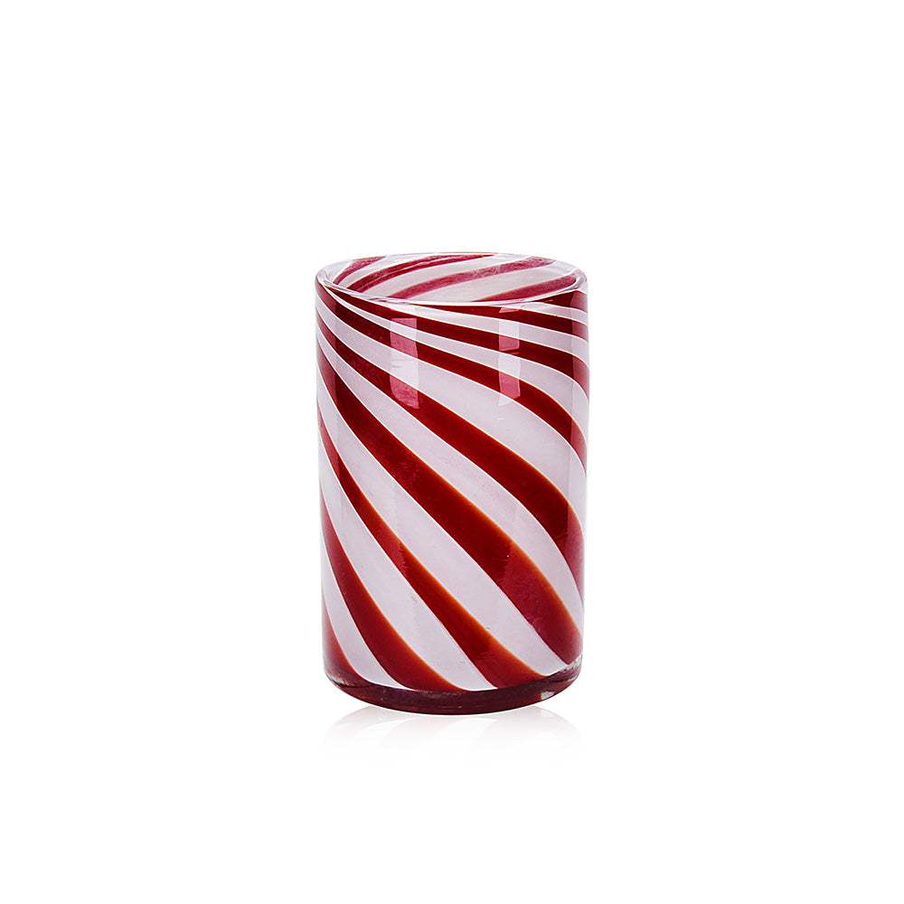 Christmas vase with candy cane-inspired diagonal stripes in red and white.