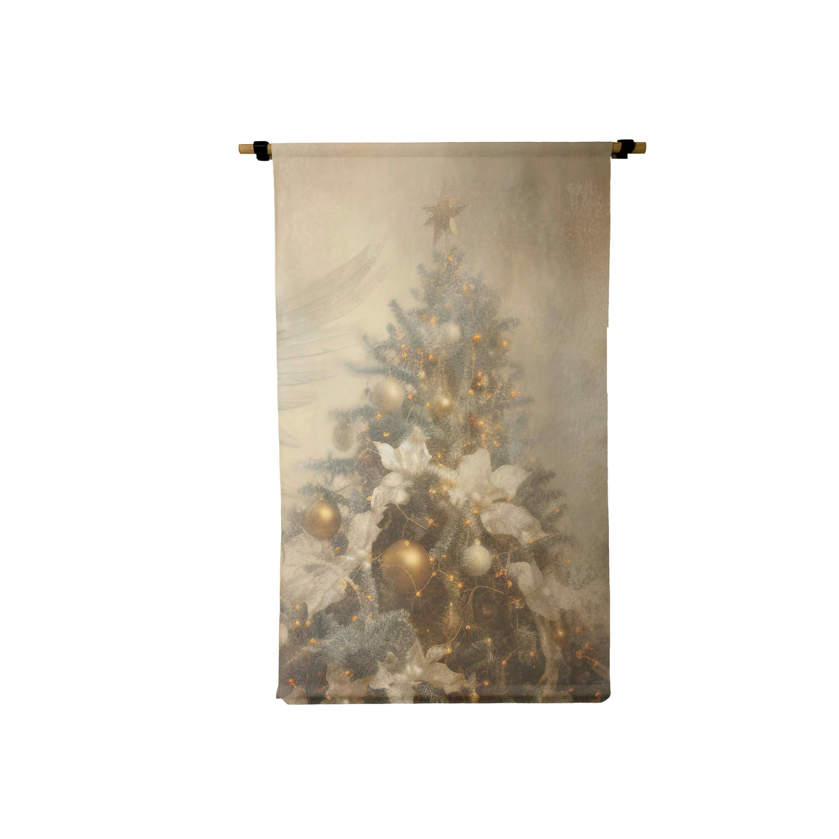 Small vertical canvas scroll featuring a neutral-toned Christmas tree with gold ornaments.