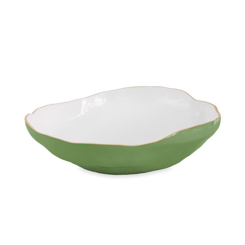 Encanto Nuevo large bowl with a leaf green exterior, white interior, and organic wavy rim.