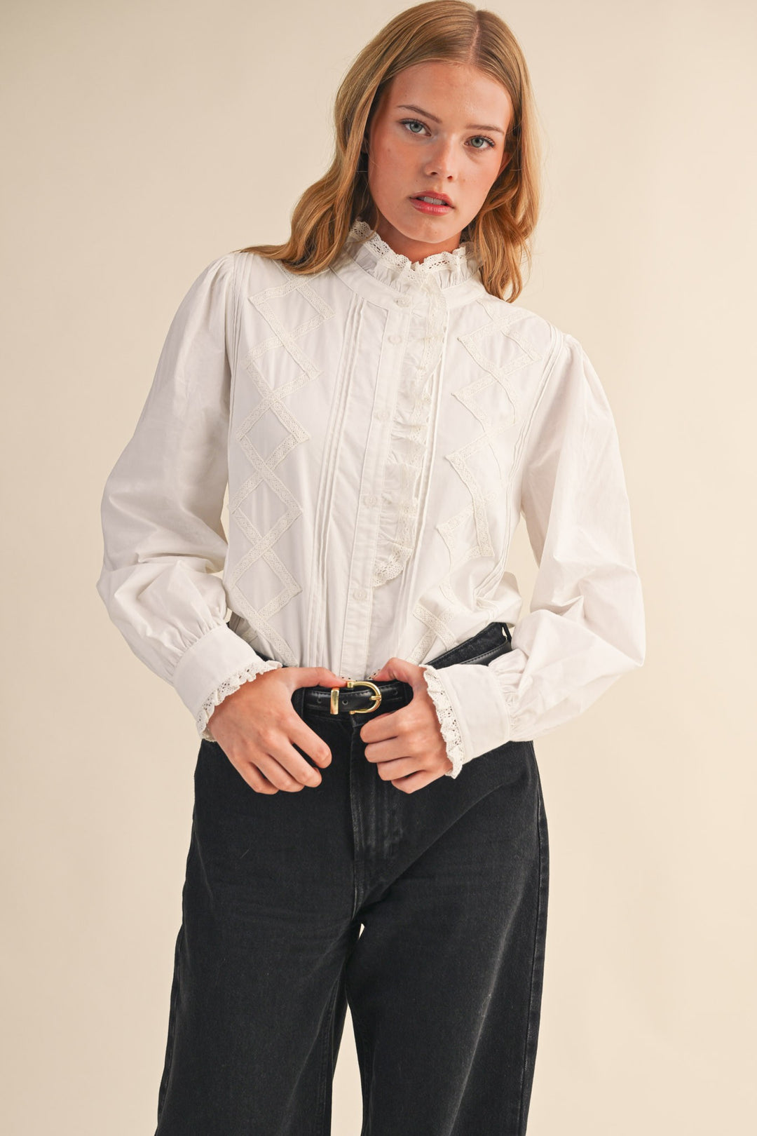 Lucy Ruffled Lace Trim Button Down Top