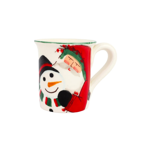 White Terra Bianca ceramic mug featuring snowmen in hats with scarves greeting a red bird and Babbo Natale.