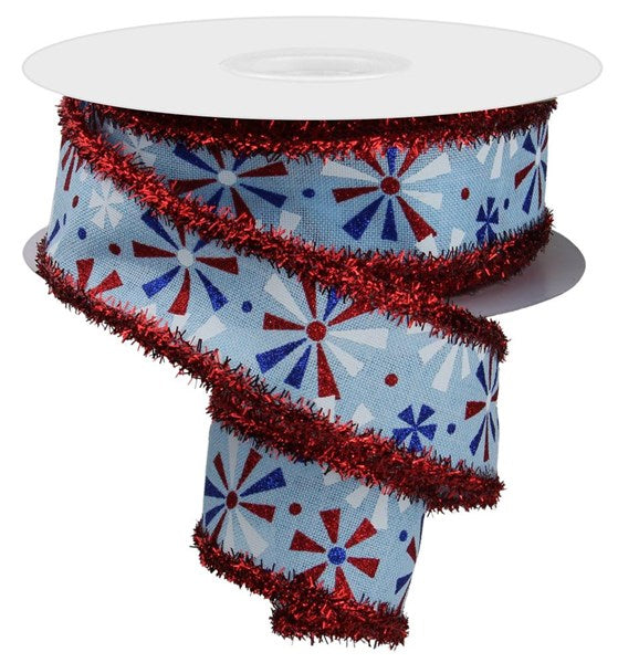 White, red, and royal blue vintage pinwheel tinsel ribbon made of polyester.