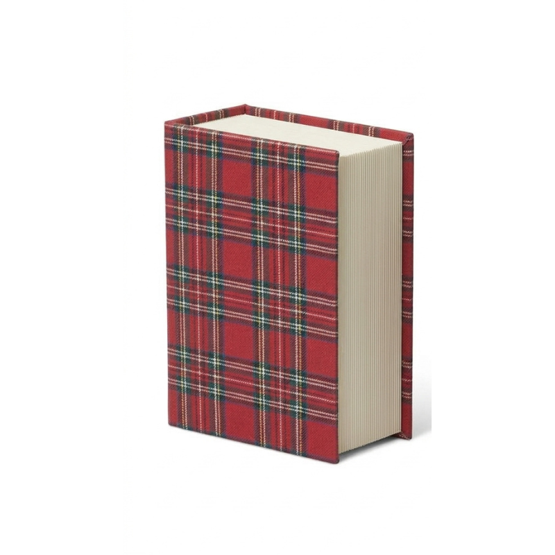 Red Christmas plaid nesting book box with a fabric-wrapped tartan exterior and textured page edges.