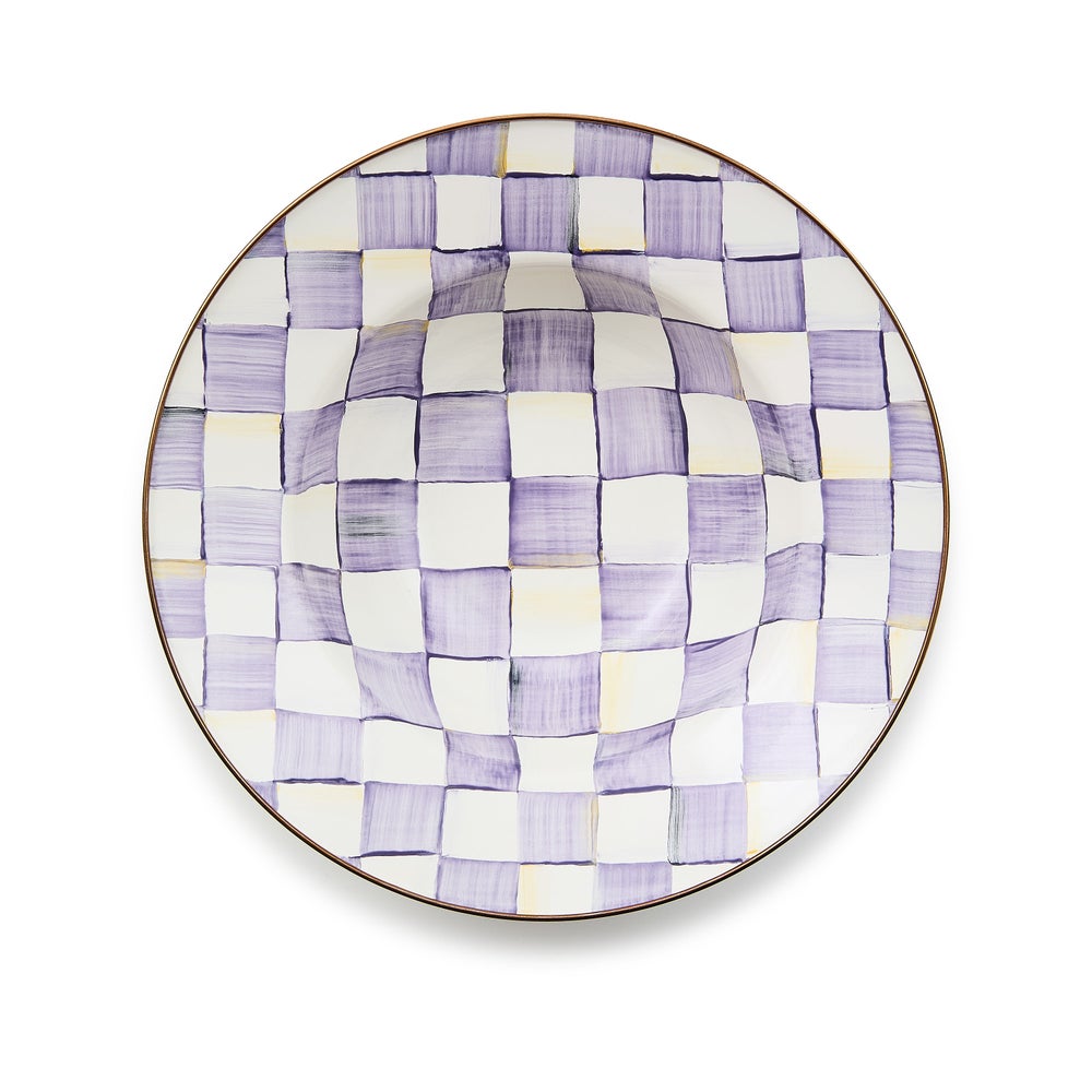 Hand-glazed violet check serving bowl with bronzed stainless steel rim