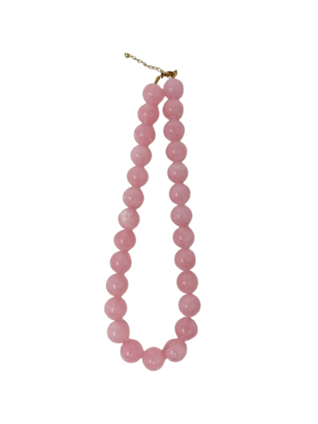 Chunky pink bead statement necklace with a gold-tone adjustable chain clasp.