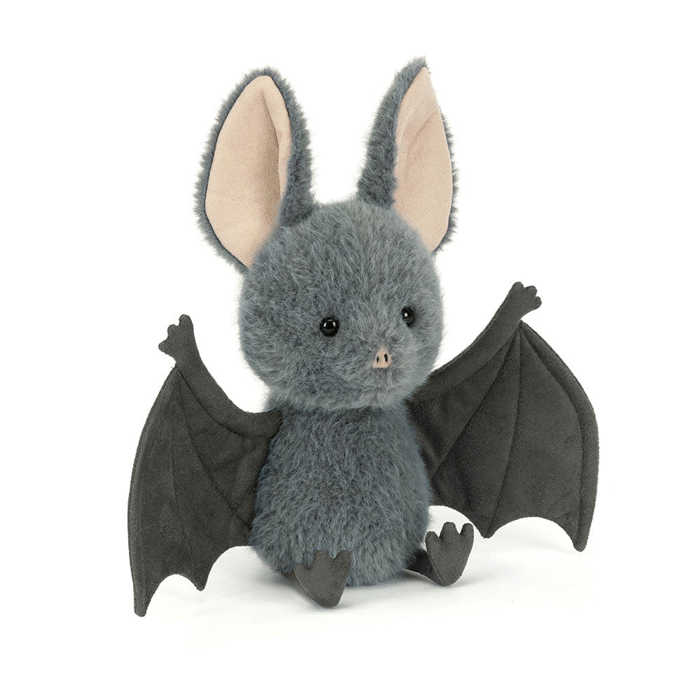 Broox Bat plush toy with grey fuzzy fur, large pointed ears, and spread wings sitting upright.
