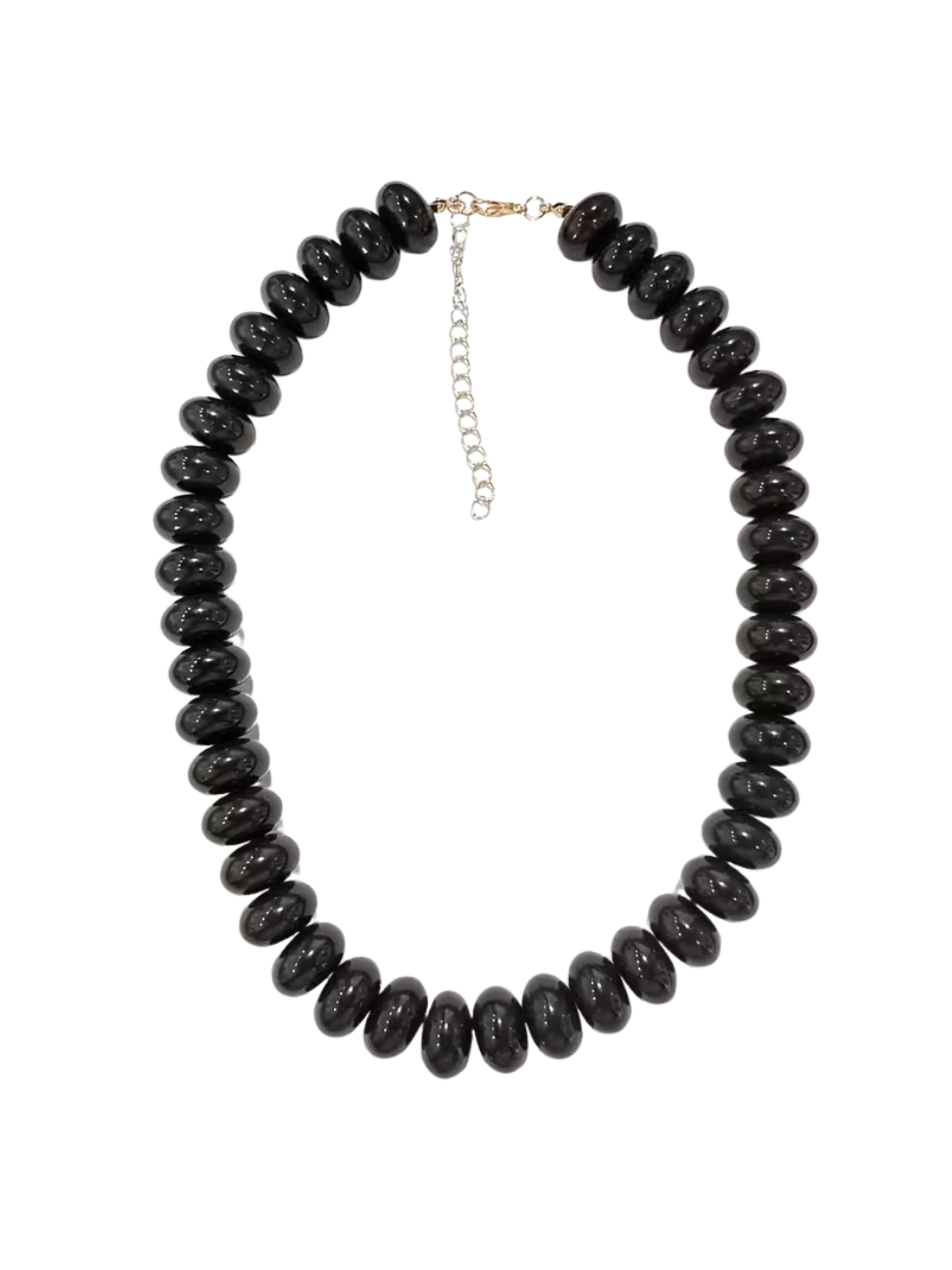 Chunky black flat bead necklace with a silver-tone adjustable chain and lobster clasp.
