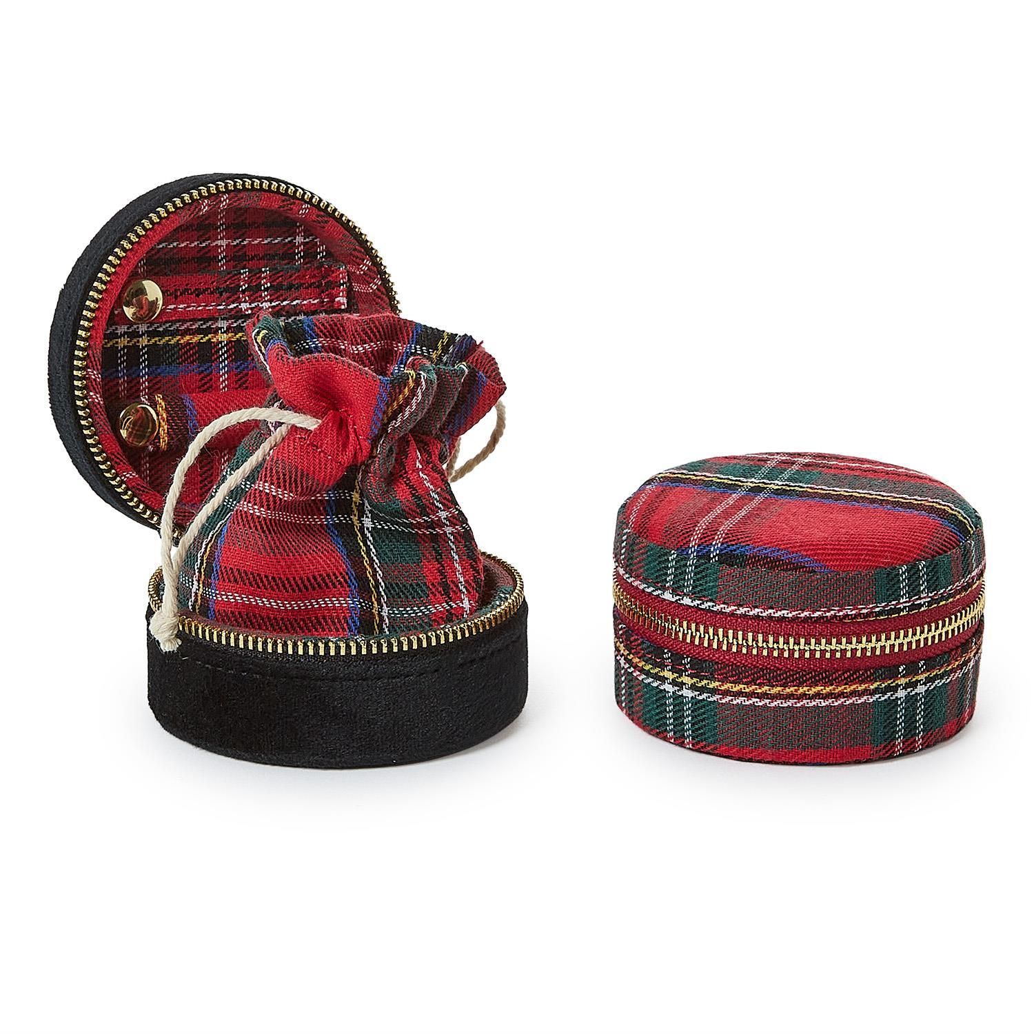 Round red tartan and black velvet jewelry box shown open with drawstring pouch and closed.