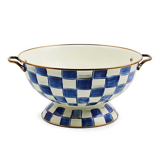 Royal Check Enamel Everything Bowl with hand-painted blue and white checks and brass handles.