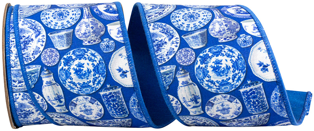 4 inch blue and white chinoiserie ceramics pattern wired edge ribbon with deluxe dupioni backing.