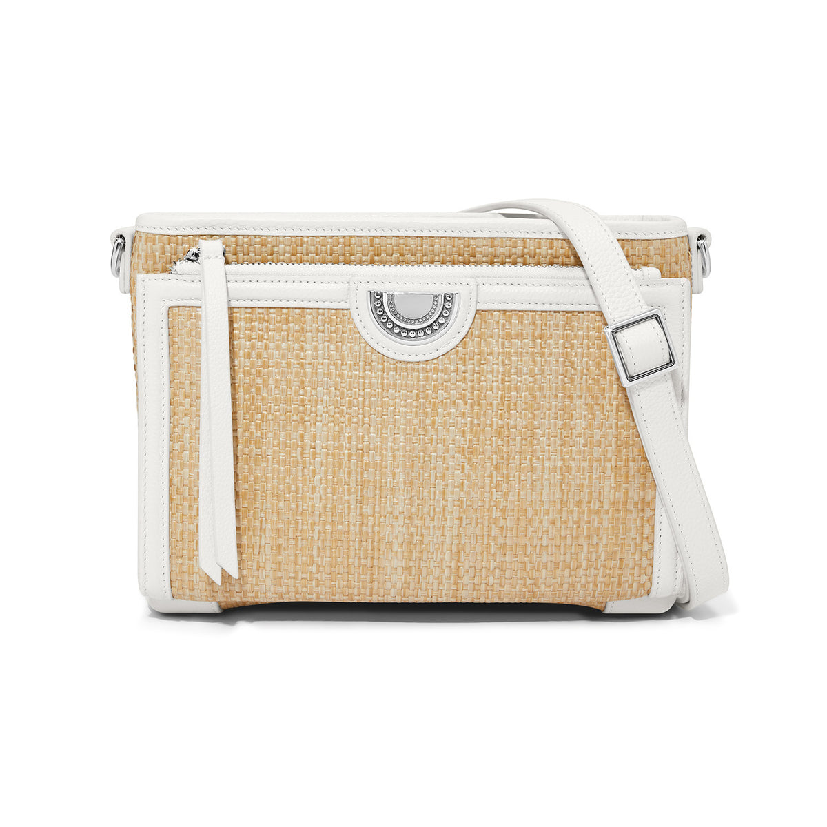Jordyn Straw Crossbody Organizer with white leather trim and adjustable shoulder strap.
