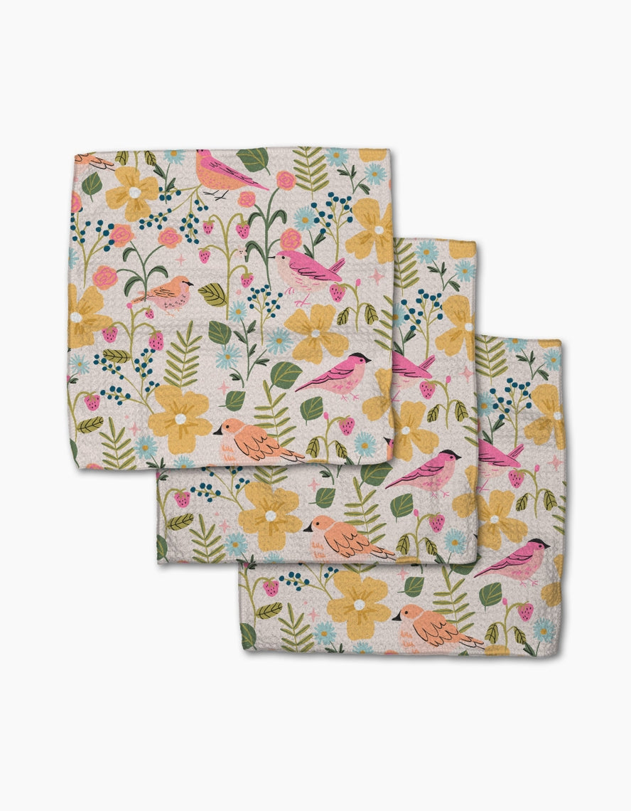 Set of three waffle weave dishcloths in recycled polyester with single-sided prints and hang loops.