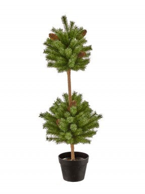 36-inch potted double ball hard needle cone topiary with pinecones in a black pot.