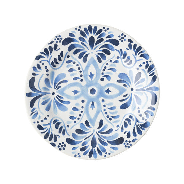 Indigo ceramic dessert plate with cobalt blue painted tile motif inspired by Iberian coast