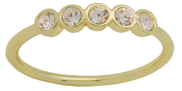 Five-layer gold-colored ring with cubic zirconia stones in a stacked silhouette.
