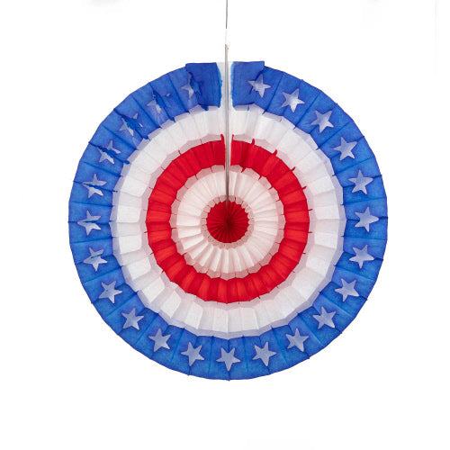 Hand-dyed paper star fan with hanging hardware in patriotic colors