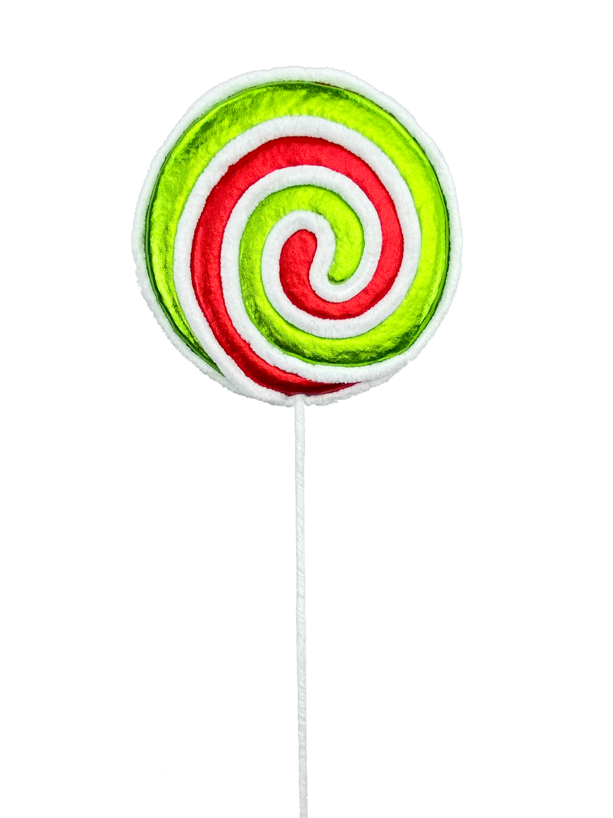 Metallic red and green swirl lollipop spray with a white fuzzy border and long white stem.