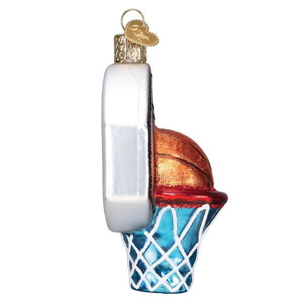 Side view of a glass basketball hoop ornament with a glittery orange ball and blue net.
