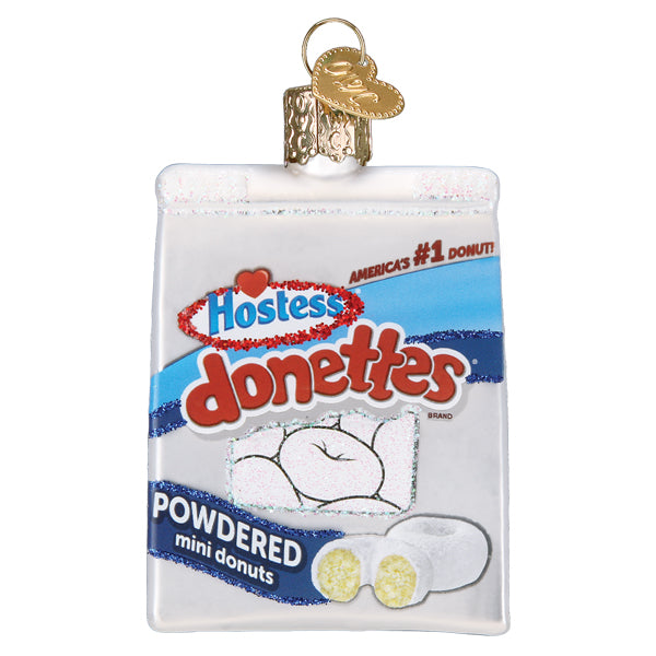 Glass Christmas ornament shaped like a bag of Hostess Powdered Donettes mini donuts.
