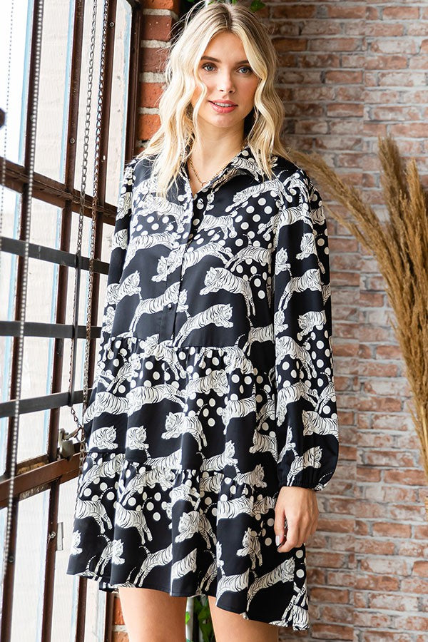 Lucy tiger print satin babydoll dress with button front closure