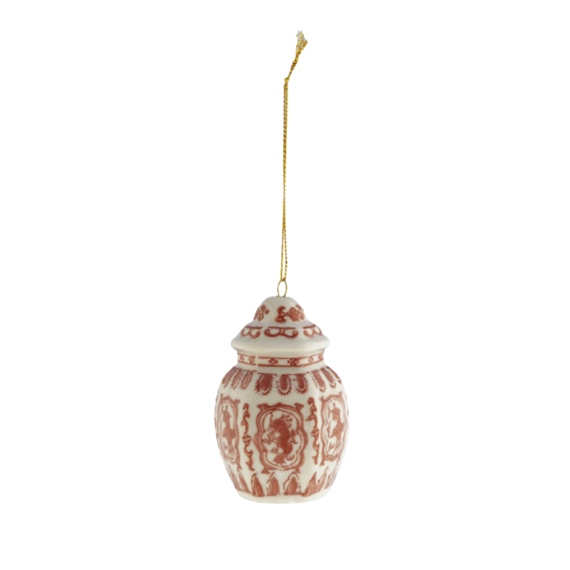Hand-painted burgundy and white stoneware ginger jar ornament with a gold hanging string.
