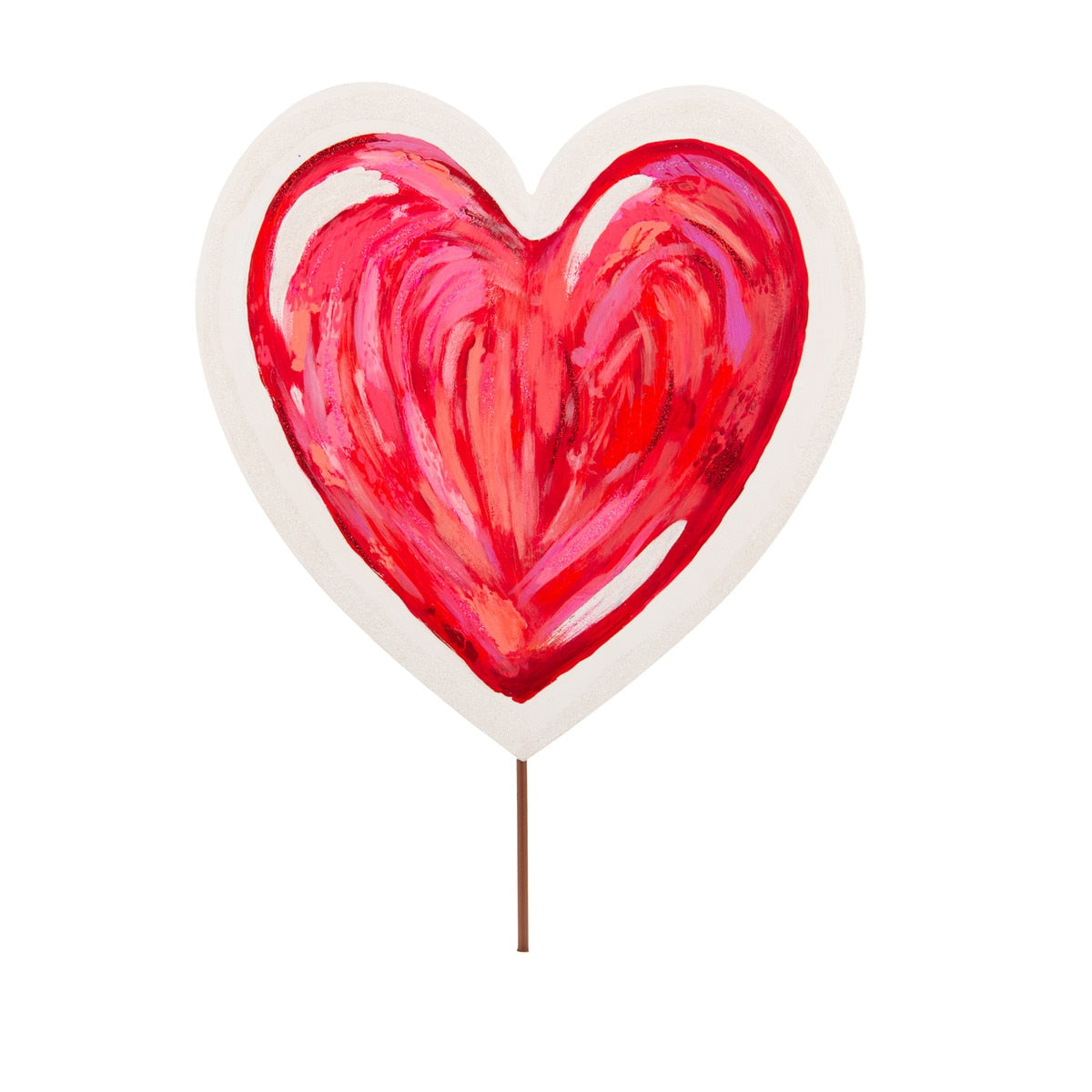 Red heart-shaped stake with a messy texture measuring 14 inches wide.
