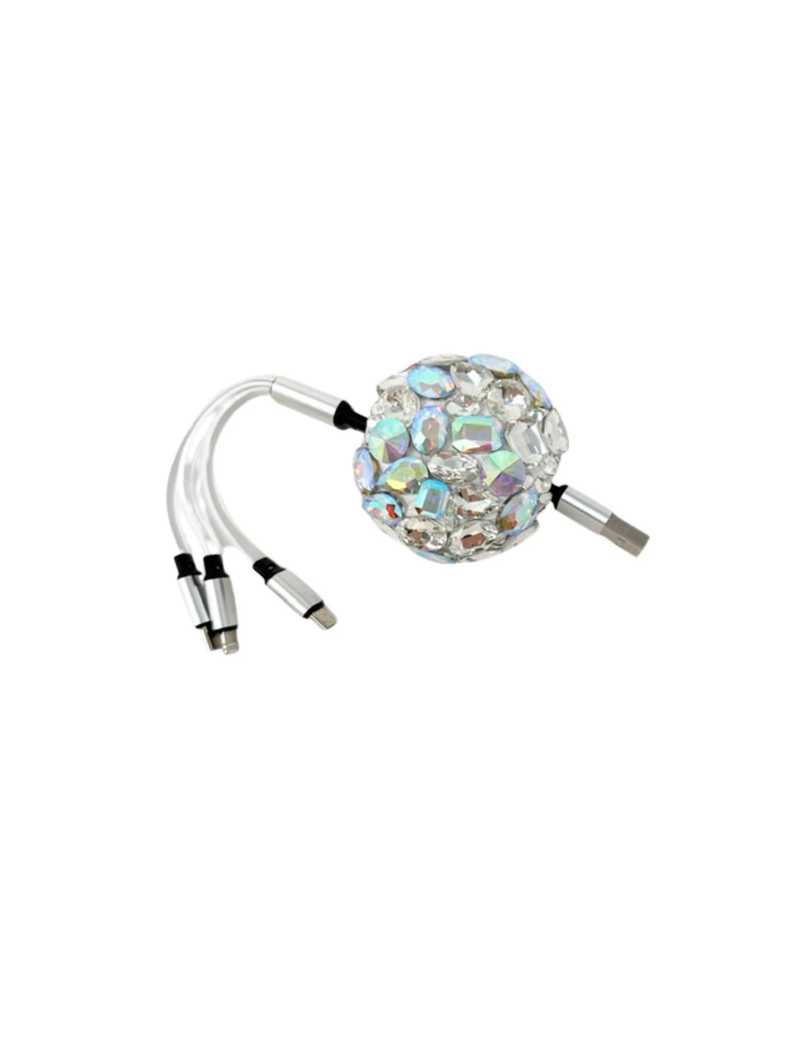 Retractable 3-in-1 charging cable with a round, rhinestone-covered housing and silver connectors.