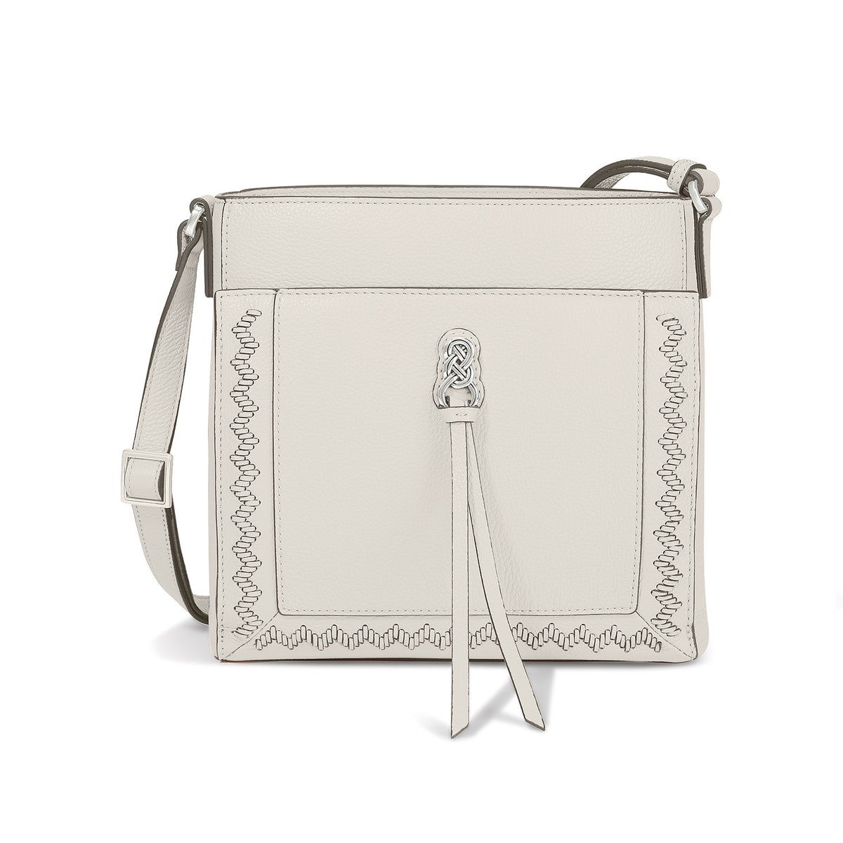 Astrid Organizer Bag in tan leather with adjustable strap, zip top closure, and multiple exterior pockets.