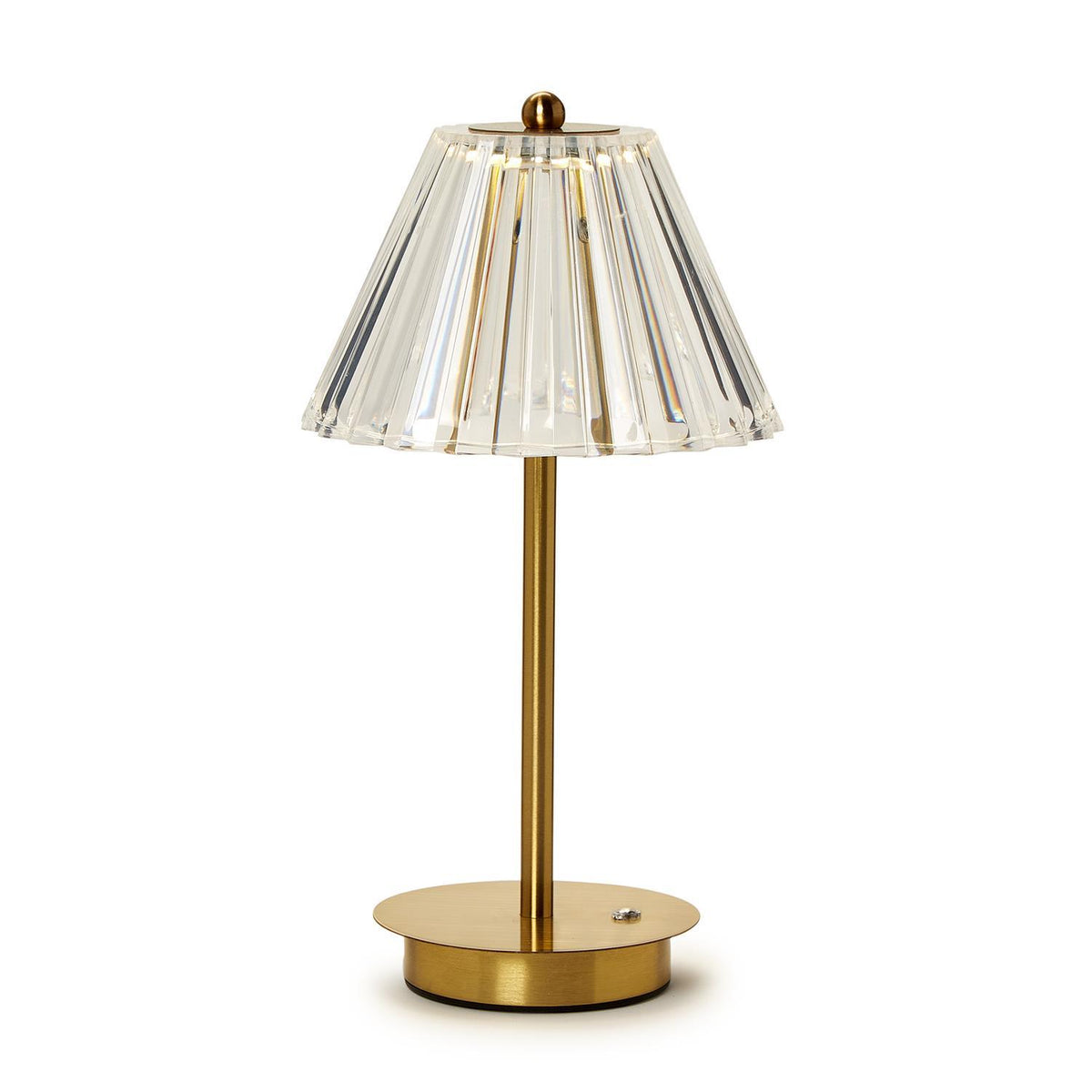 Rechargeable cordless table lamp with iron base and clear acrylic shade featuring stepless dimmer controls.