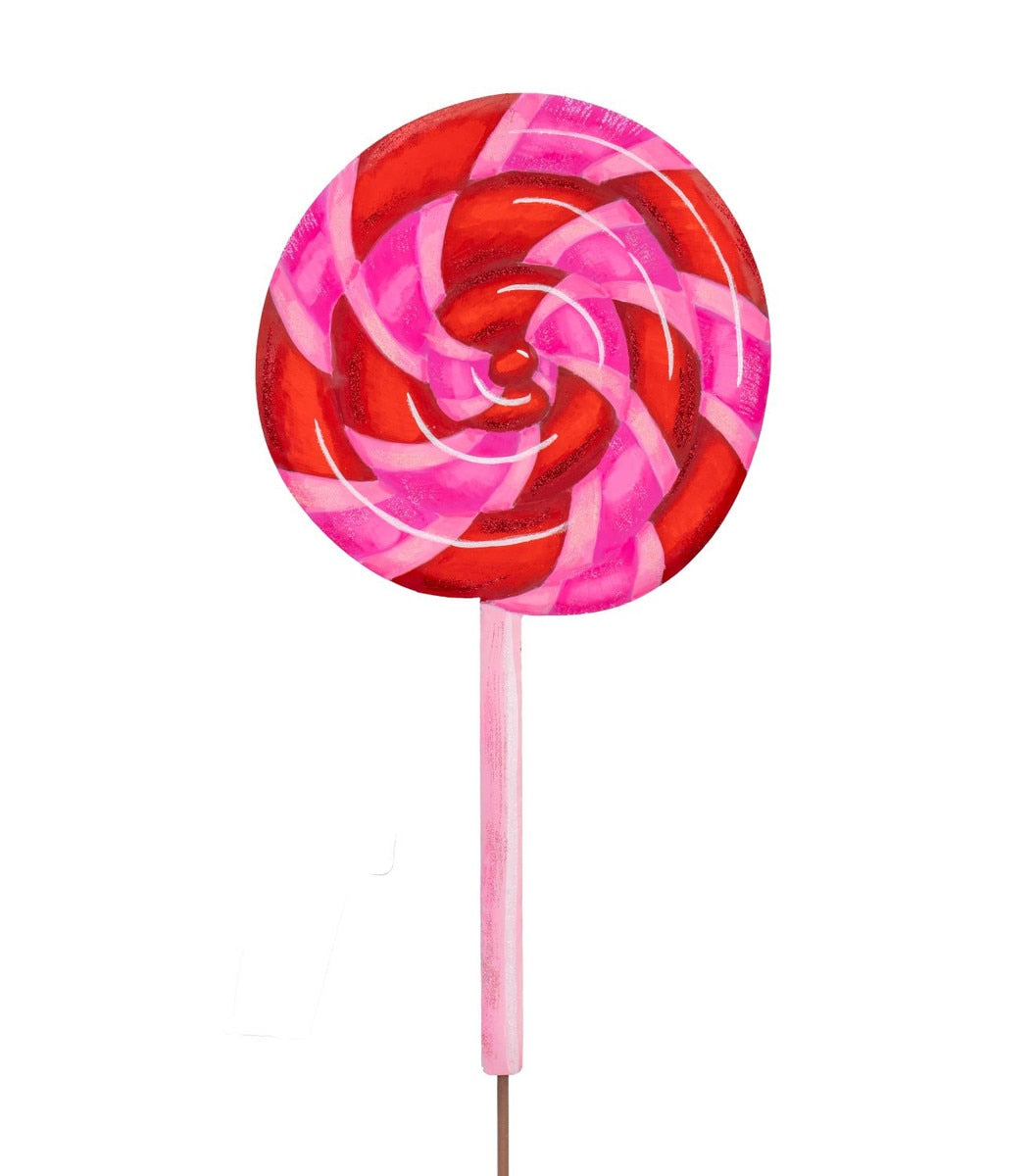 Pinkmas Lollipop stake with a pink lollipop-shaped top on an iron frame.
