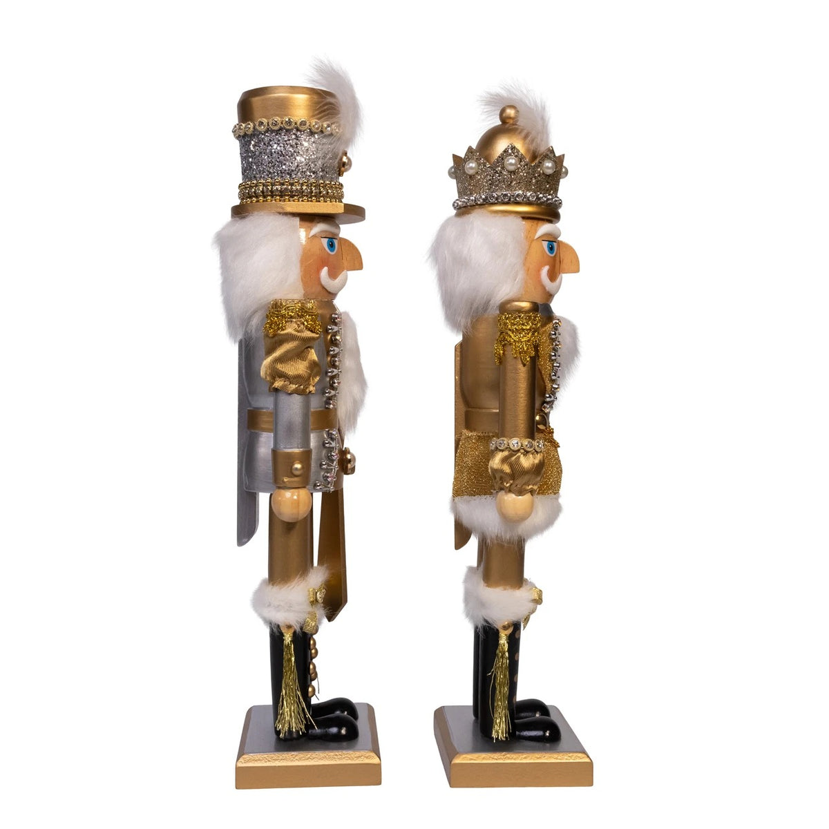 Two 15-inch gold and silver nutcrackers with glitter, faux fur, and jewels, sold individually.