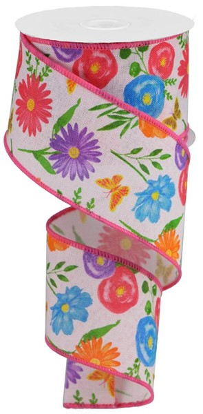 Royal blue fabric with pink, orange, lavender wildflower print
