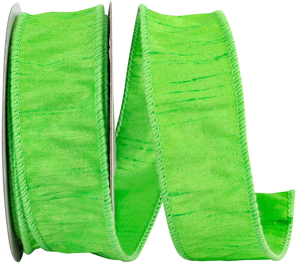 1.5-inch wide lime green Dupioni ribbon with a textured finish and wired edges on a spool.
