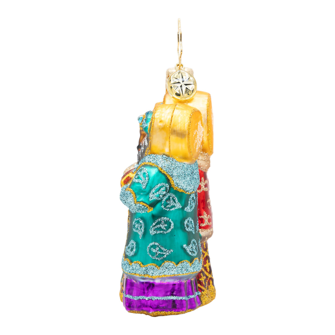 Journey of the Wise Men Gem glass Christmas ornament featuring the Three Kings in colorful robes.