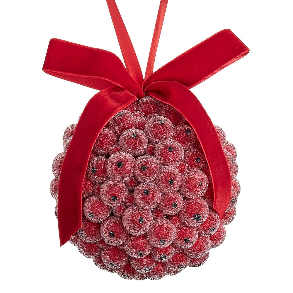 4-inch red iced berry orb ornament with a velvet bow and frosted finish.