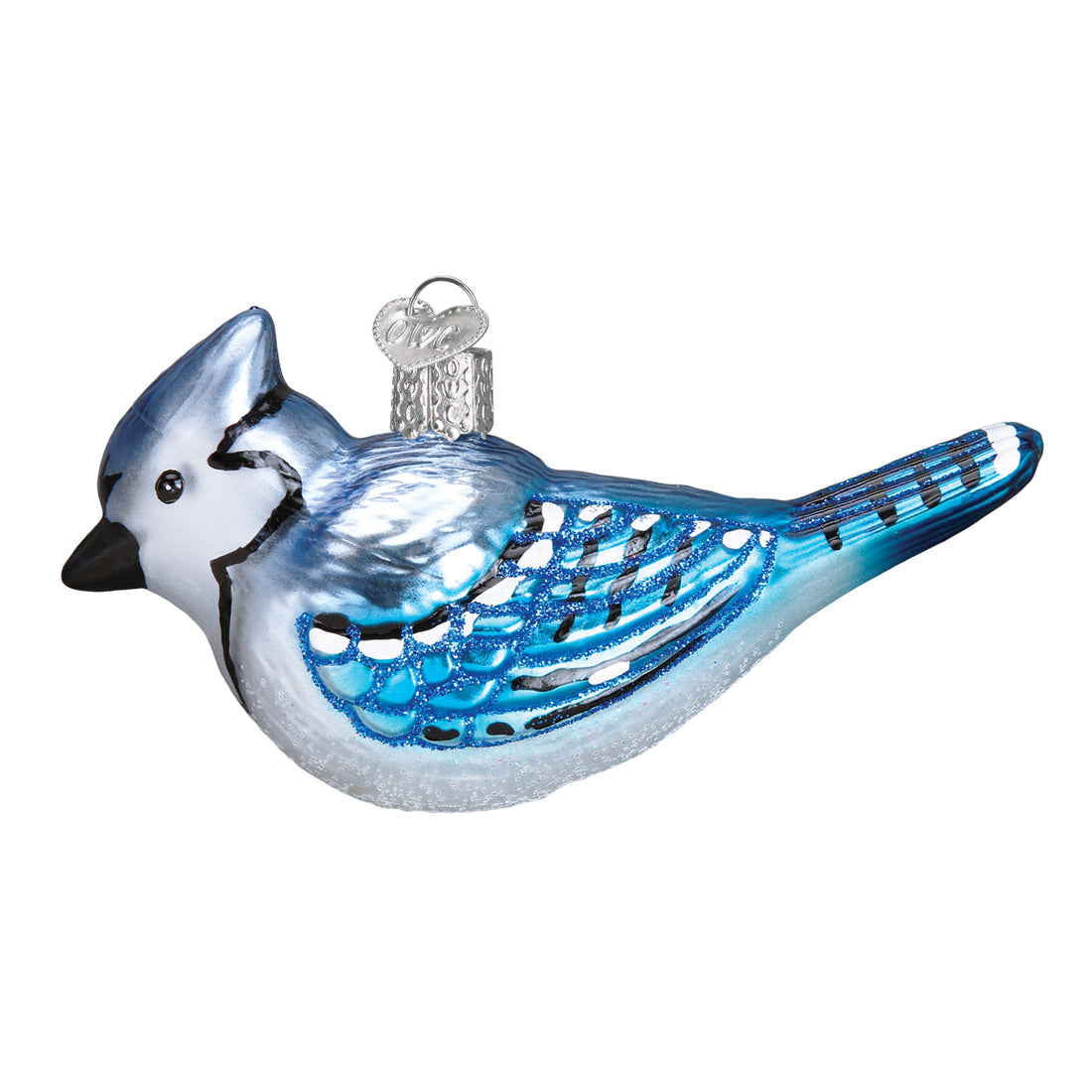 Bright blue jay glass ornament with glitter accents and a silver heart-shaped hanging loop.