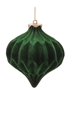 Dark green resin oval ornament with a velvet finish measuring six inches tall.