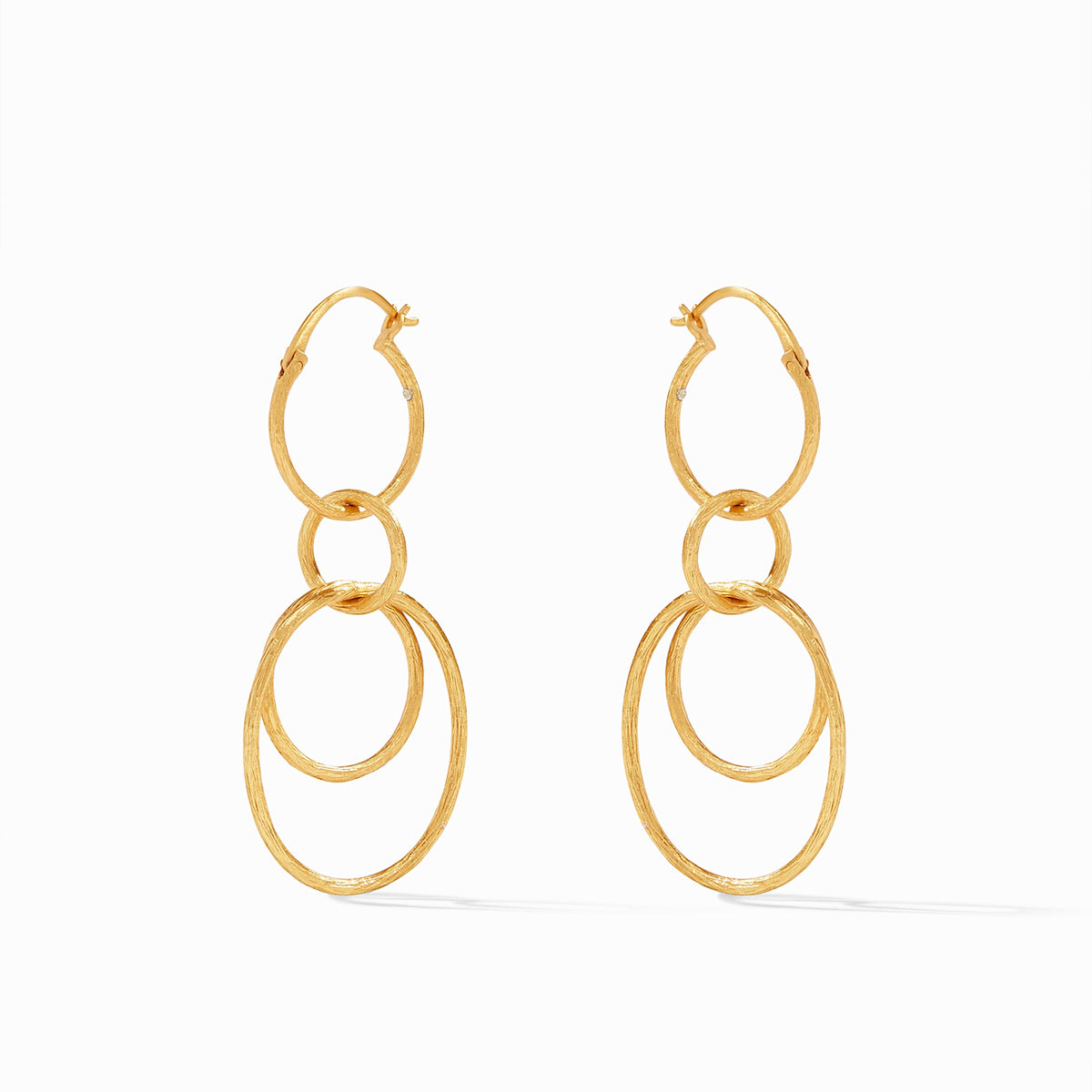 Simone 3-in-1 Gold Earrings featuring textured, interlocking hoops in a tiered drop design.