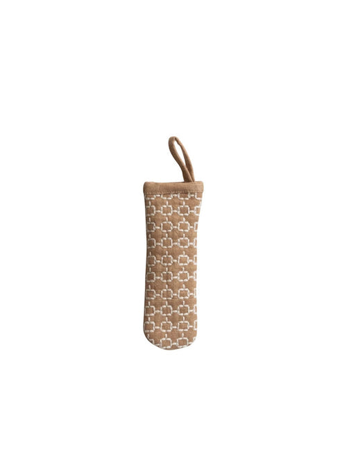 Cotton pot handle cover with embroidered floral pattern in beige featuring a hanging loop.