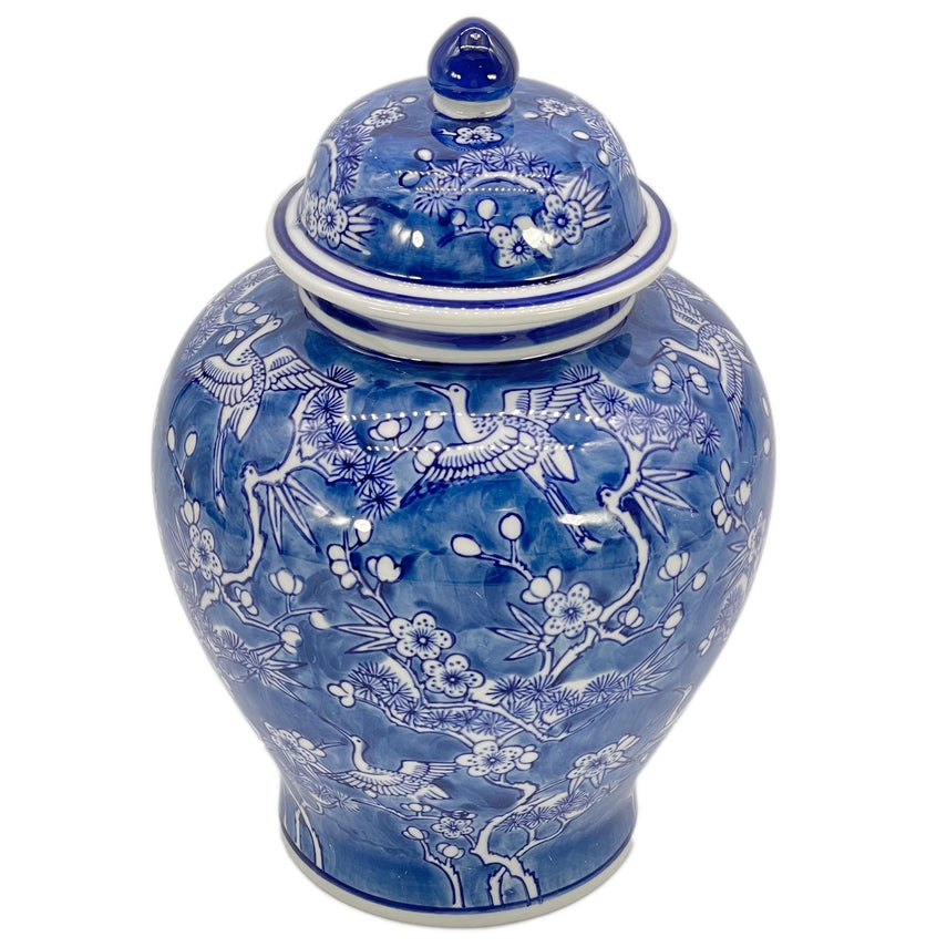 Blue and white ceramic ginger jar with floral crane chinoiserie pattern