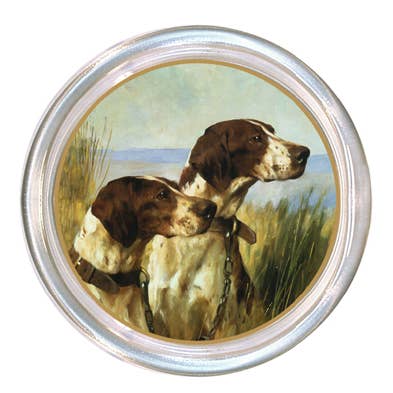 Glass coaster with a high rim to prevent spills and a black velvet back.