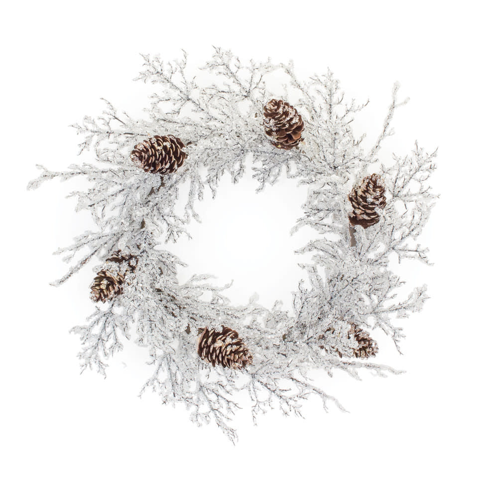 Round wreath with white acrylic branches, brown pinecones, and an iced finish on a dark background.