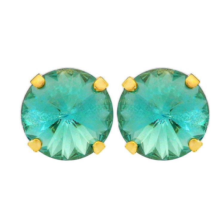 Antique gold-plated stud earrings with large clear crystals on surgical steel posts