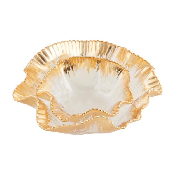 Set of two clear glass ruffle bowls with hand-painted gold edges.