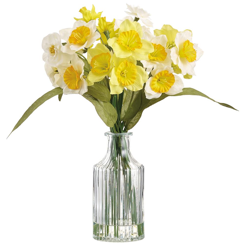 Glass vase holding eleven-inch yellow and white daffodils