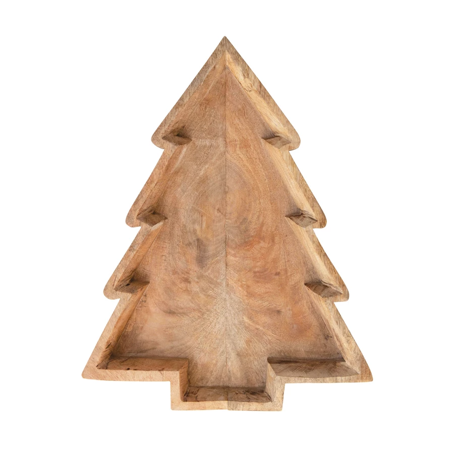 Mango wood tree-shaped tray with natural grain finish