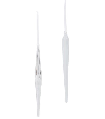 Clear blown glass icicle ornament with a frosted finish hanging vertically.