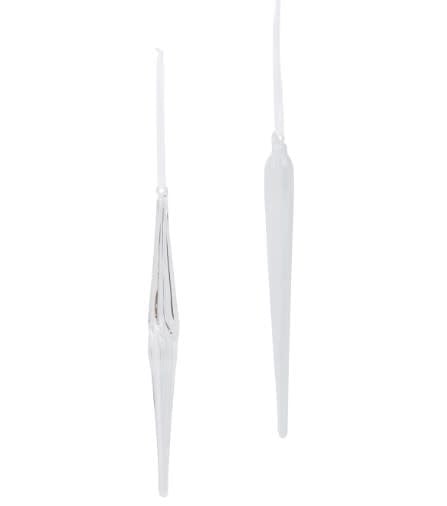 Clear blown glass icicle ornament with a frosted finish hanging vertically.